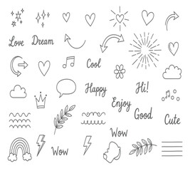 Illustration of hand drawn doodle elements heart, arrow, star, sun, cloud, music note, crown, flower, lightning, speech bubble, branch, rainbow, and text