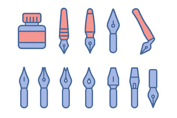 Collection of calligraphy pen nibs and inkwell icons in modern outline style
