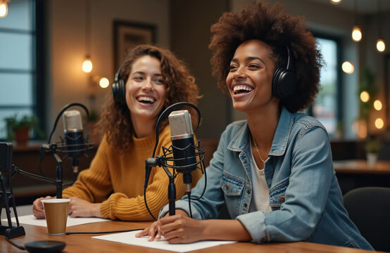 Two young diverse women enthusiastically record audio podcast in vibrant modern studio. Wear headphones, talk into pro microphones, sharing laughter, smiles. Friends collaborate on lively live
