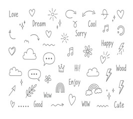Illustration of hand drawn doodle elements heart, arrow, star, sun, cloud, music note, crown, flower, lightning, speech bubble, branch, rainbow, and text