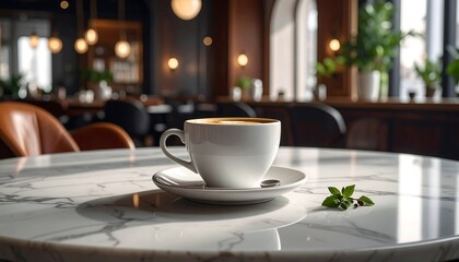 Coffee on marble table in a warmly lit cafe, plants & patrons softly blurred in the background