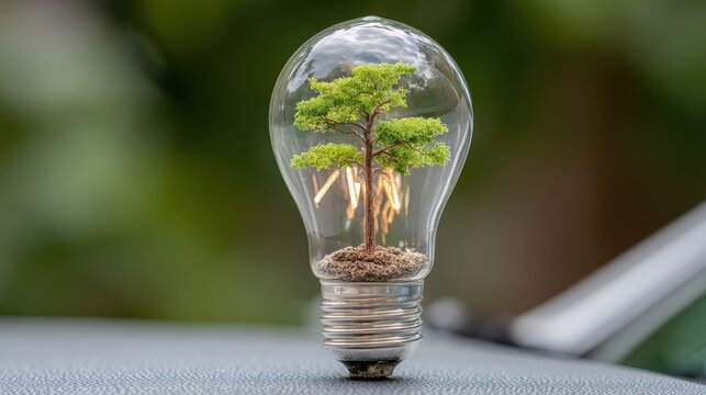 The bulb is located on the inside with leaves forest and the trees are in the light. Concepts of environmental conservation and global warming plant growing inside lamp bulb over dry