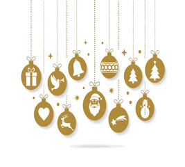 Illustration of golden christmas balls hanging on strings, festive ornaments with santa claus, gift, heart, bell, dove, snowman and star icons