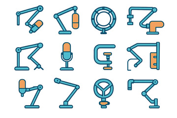 Podcasting and streaming equipment icons featuring microphone arms and ring light