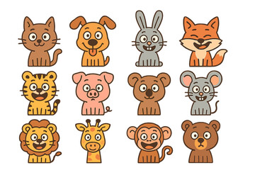 Twelve Cute Cartoon Animal Faces and Busts for Children's Designs