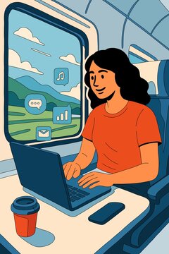 Person working with laptop on train journey embracing digital innovation