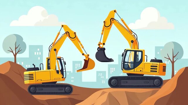 Excavator working on construction site, cartoon illustration style. Two excavators are digging the ground, road repair, industry