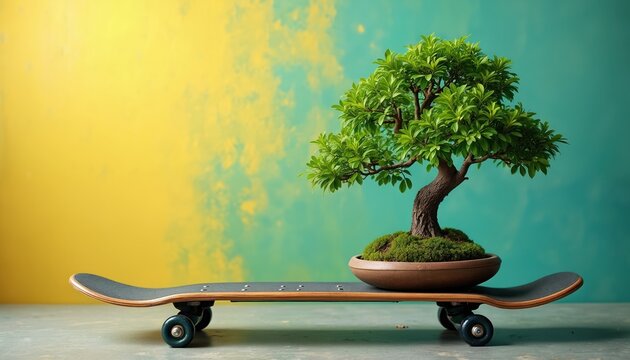 Miniature bonsai tree rests on skateboard against vibrant teal background. Creative illustration combines nature, transportation concepts. Unique image suggests playful movement, harmony between