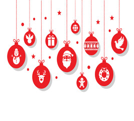 Illustration of a festive arrangement of red christmas ornaments hanging from above, each adorned with unique holiday symbols