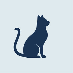Elegant dark blue silhouette of a cat sitting in profile against a light blue background.