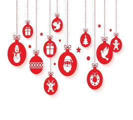 Illustration of a festive arrangement of red christmas ornaments hanging from above, each adorned with unique holiday symbols