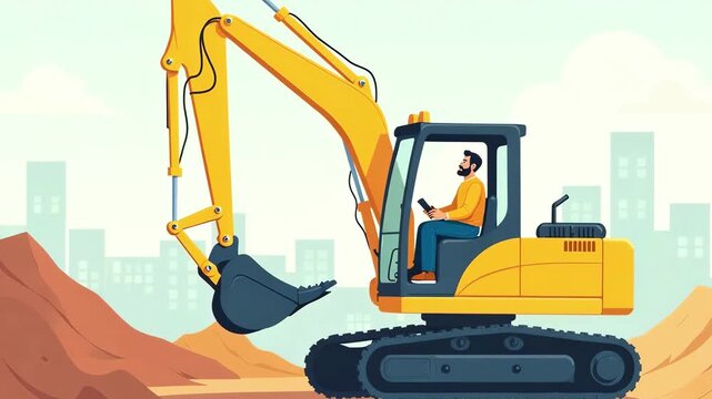 Excavator working on construction site, cartoon illustration style. A man on an excavator digs the ground, preparatory work, road repair, industry