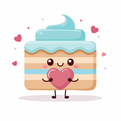 An adorable kawaii slice of layer cake character with a happy face holding a pink love heart.