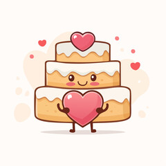 A cute cartoon three-tiered cake with a smiling face, holding a heart and decorated with hearts.