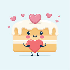 Cute cartoon cake slice with a happy face holding a pink heart, surrounded by smaller hearts on a light blue background.