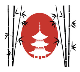 Illustration of a serene japanese landscape featuring a white pagoda silhouetted against a vibrant red sun, framed by elegant bamboo stalks