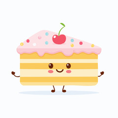 A cute cartoon slice of yellow cake with pink frosting, colorful sprinkles, a red cherry, and a happy face.