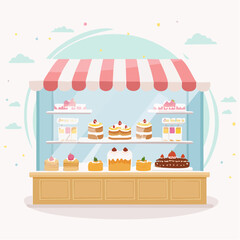 Illustration of a bakery shop with a display of various delicious cakes and pastries.