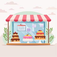 Cake shop with cakes on display in the window.