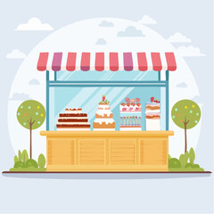 Flat design illustration of an outdoor bakery stall with a variety of cakes on display.