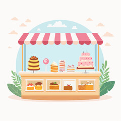 A charming illustration of a bakery stall filled with various delicious cakes and pastries, under a striped awning.