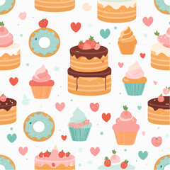 Cute seamless pattern with sweet desserts, including cakes, cupcakes, donuts, and hearts on a white background.