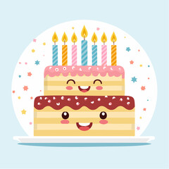 A delightful two-tiered birthday cake with cute smiling faces and lit candles, set against a light blue background with confetti.