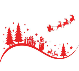 Illustration of festive christmas scene with santas sleigh, reindeer, snowman, christmas trees and gifts a joyful holiday celebration