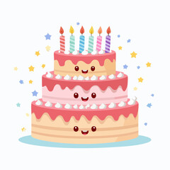 Cute three-tiered birthday cake with colorful candles and happy faces, surrounded by stars.