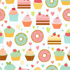Seamless pattern featuring various cupcakes, donuts, and cake slices with heart-shaped decorations on a white background.