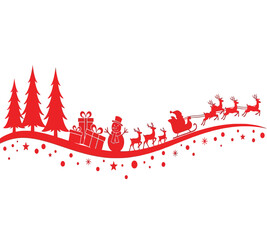 Illustration of festive christmas scene with santas sleigh, reindeer, snowman, christmas trees and gifts a joyful holiday celebration