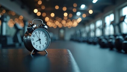 Silver alarm clock sits on dark gym bench. Blurred fitness equipment, bright lights fill empty gym hall. It symbolizes morning workout routine, health dedication, commitment to fitness goals daily.