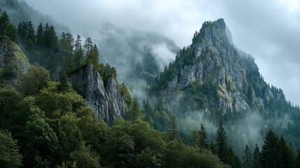 Mountain peaks shrouded in mist with dense forest covering the slopes