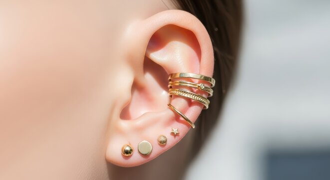 Close-up of diverse gold earrings on female ear