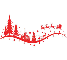 Illustration of festive christmas scene with santas sleigh, reindeer, snowman, christmas trees and gifts a joyful holiday celebration