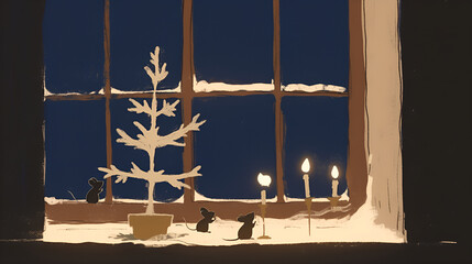 Mice sharing crumbs beside a tiny christmas tree