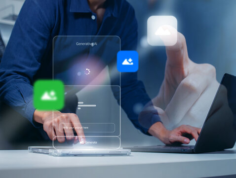 Generative Artificial Intelligence, AI Image Generation Concept with Prompt Input Interface on Digital Tablet, Showing Future Technology of Creative Design, Digital Art, and AI Content Development.