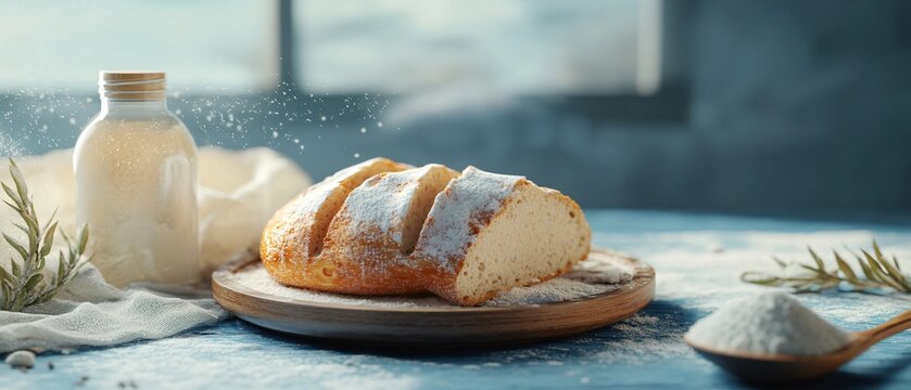 Rustic bread and flour on wooden plate