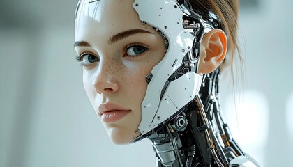 Futuristic android woman with a blend of human features and intricate robotic design