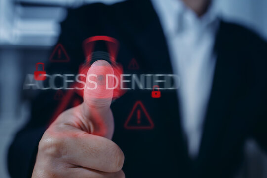 Cyber Security Access Denied Concept with Biometric Fingerprint Failed Authentication, Showing Data Breach Risk, Online Information Protection Failure, and Future Technology of Security System Errors.