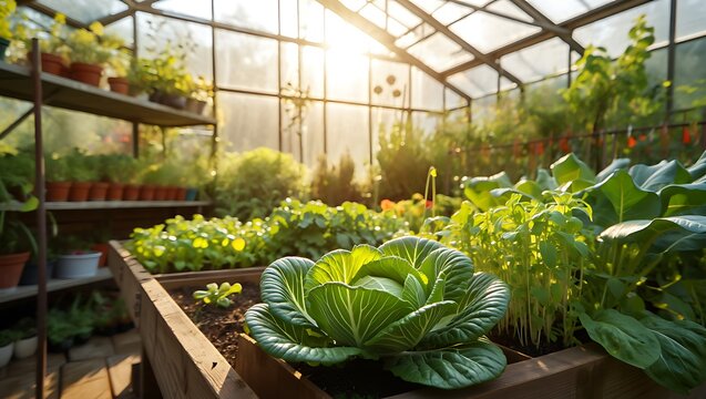 Vegetable garden in greenhouse with cabbage and sunlight creating healthy environment