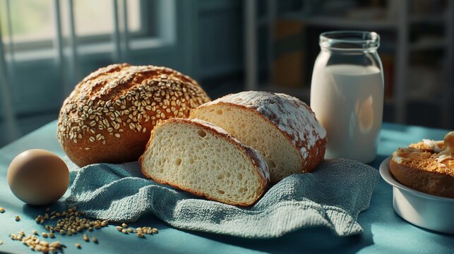 Freshly sliced bread with grain ingredients