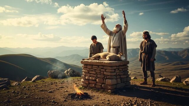 Sacrifice ceremony with fire on mountain altar