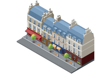 Old European City Street. Isometric illustration of an old European city street with colorful buildings, shops, cafes, trees, and benches in a charming urban scene