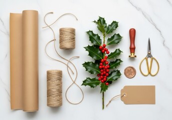 Christmas gift wrapping supplies including brown paper, twine, holly, scissors, wax seal, and gift tag
