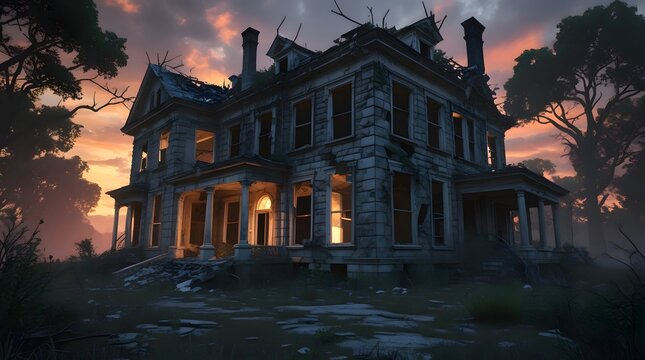 Ominously dilapidated and abandoned mansion with crumbling stone walls, overgrown gardens, and shattered window panes, set against a dramatic dusk sky with warm orange and pink hues, illuminated inter - Powered by Adobe