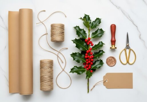 Christmas gift wrapping supplies including brown paper, twine, holly, scissors, wax seal, and gift tag