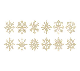 Illustration of elegant golden snowflakes a set of twenty unique designs for winter holidays, christmas, and new year celebrations