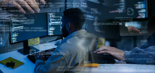 Professional Software Engineer Working with Multiple Monitors Showing Programming Code and Data Analysis, Concept of IT Development, Digital Technology Solutions, and Multitasking in Dark Office.