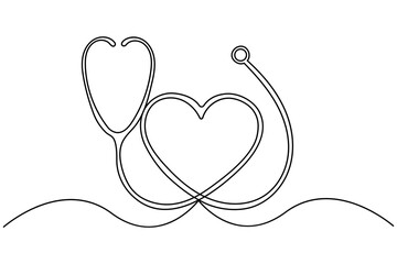 One line stethoscope forming heart shape minimalist medical illustration on white background.Minimal continuous line art of stethoscope and heart symbol for healthcare concept
